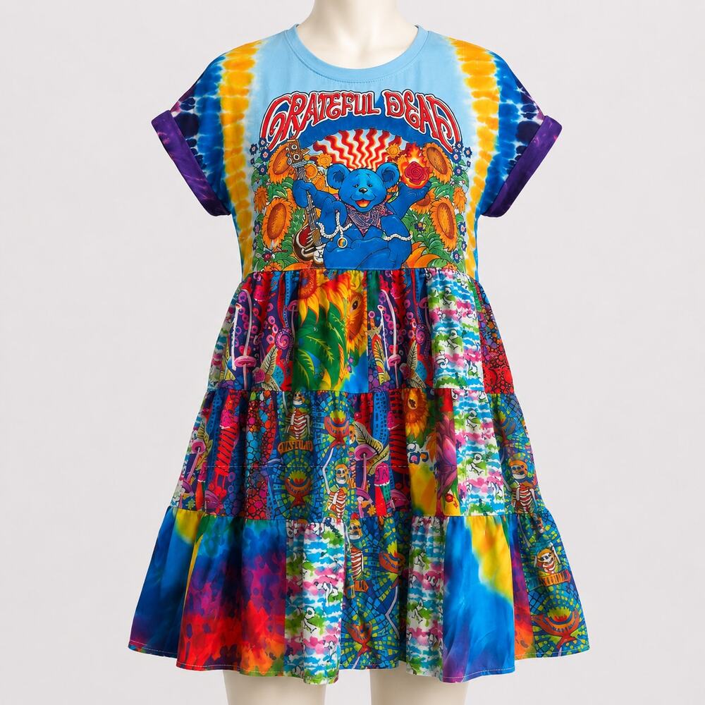 Grateful Dead Patchwork Tie Dye Graphic Dress Women's Small Festival Boho NWT